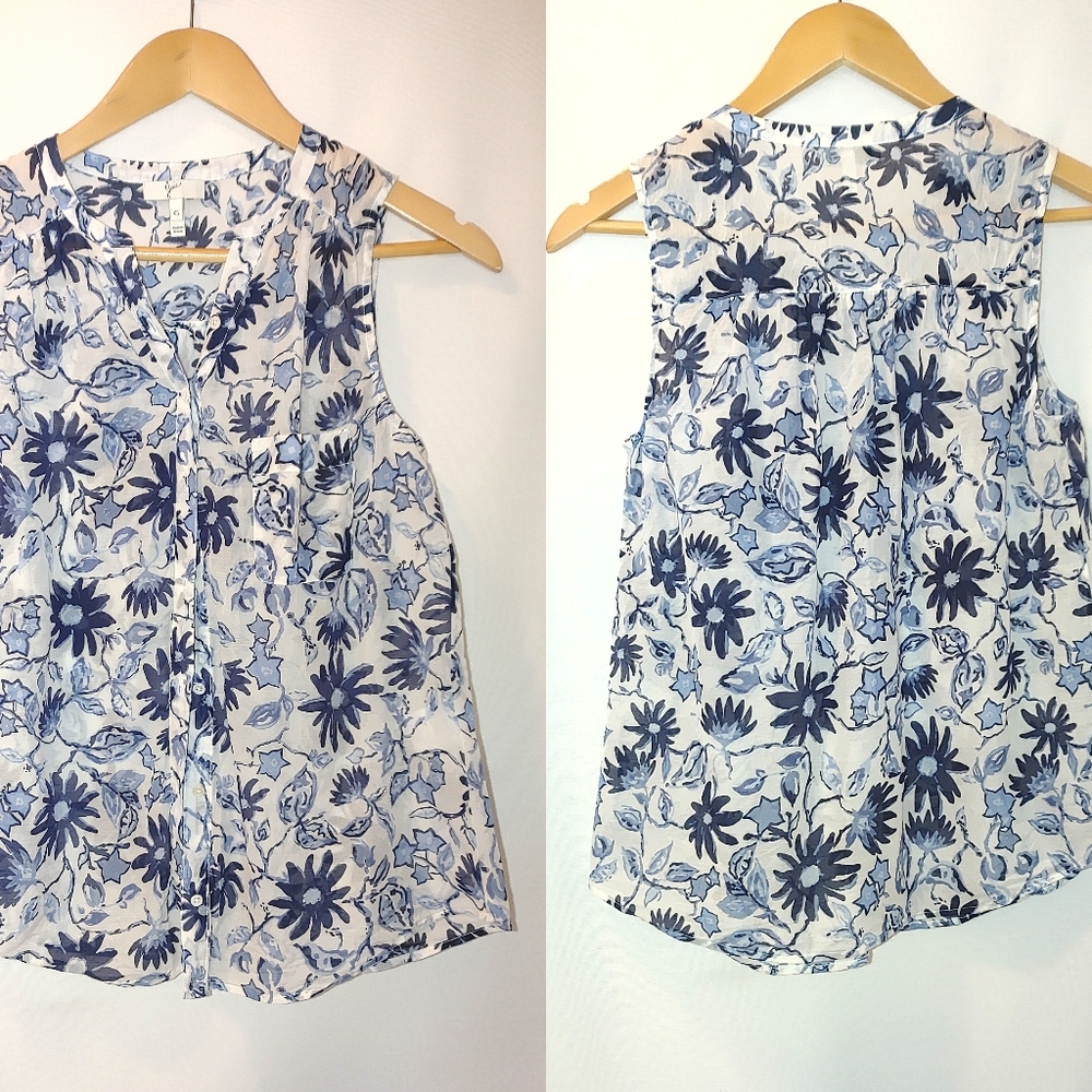 Joie Sleeveless Sheer Blouse Top Button Front Blue White Floral Cotton Silk Xs
